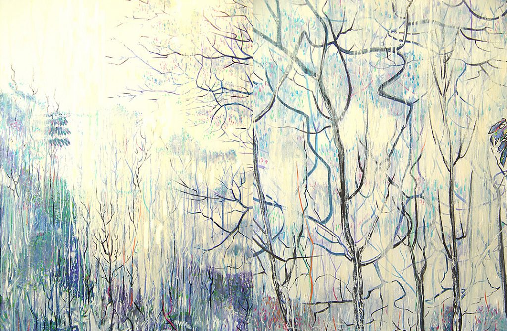 EUCALIPTOS NA NEBLINA • TÉCNICA: ACRÍLICA E ÓLEO SOBRE TELA • DIMENSÃO 110 X 180 CM DÍPTICO • ANO: 2007